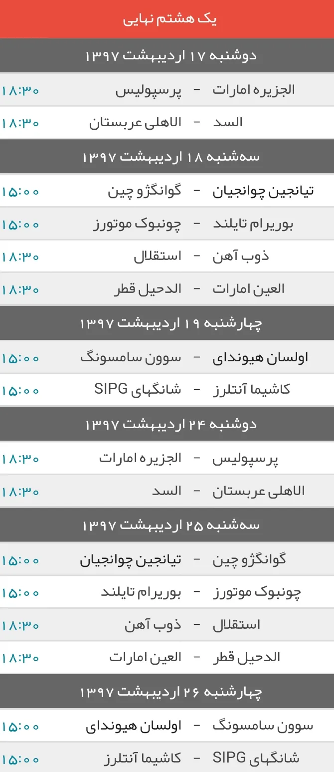 برنامه مرحله یک هشتم لیگ قهرمانان آسیا