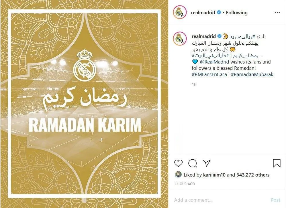 پست اینستاگرامی رئال مادرید و پاری‌سن ژرمن به مناسبت فرا رسیدن ماه مبارک رمضان
